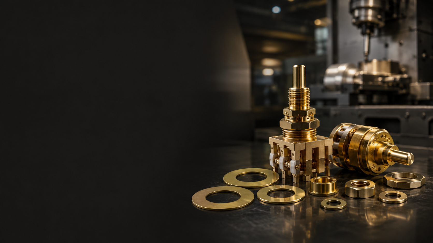 Brass electrical switch components and metal washers under gold rim lighting