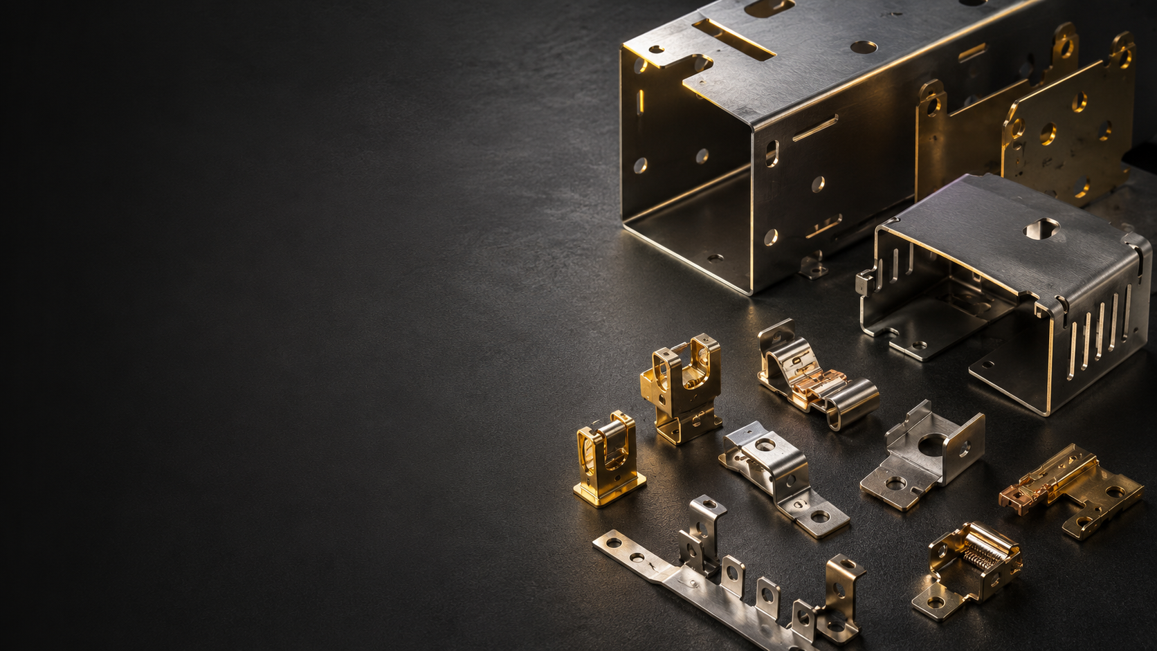 Precision sheet metal components and MCB terminal parts on industrial workbench
